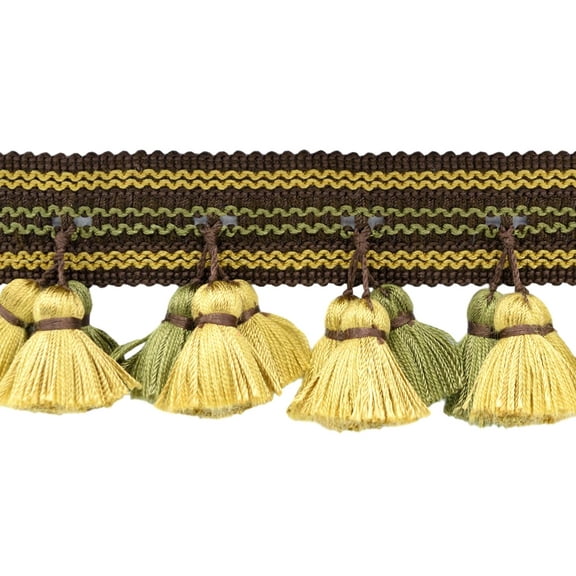 2 1/2" (6cm) Arbor Collection Wide Detailed Gimp with Full Cascading Tassel Fringe Trim # TFAR025,, Mocha Olive Brown #AR04 (Dark Brown, Olive Green, Yellow Gold) Sold By The Yard (36"/3 ft/0.9m)