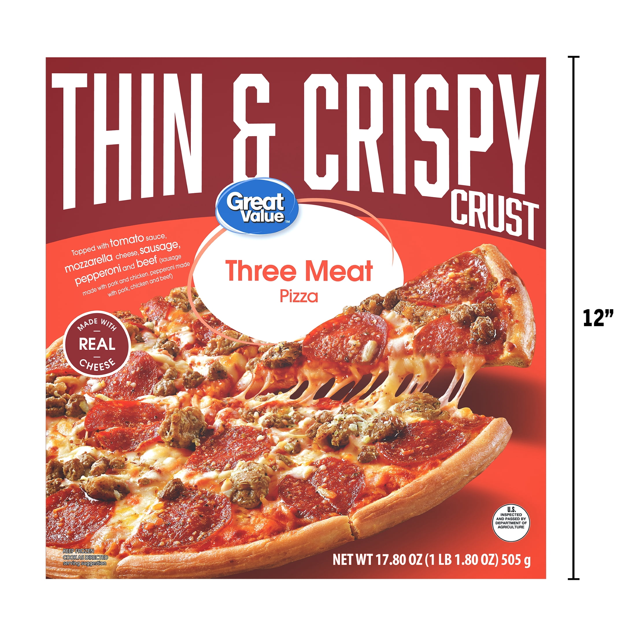 Great Value Thin Crust Three Meat Pizza, Tomato Basil Garlic Sauce, 17.8 oz (Frozen)
