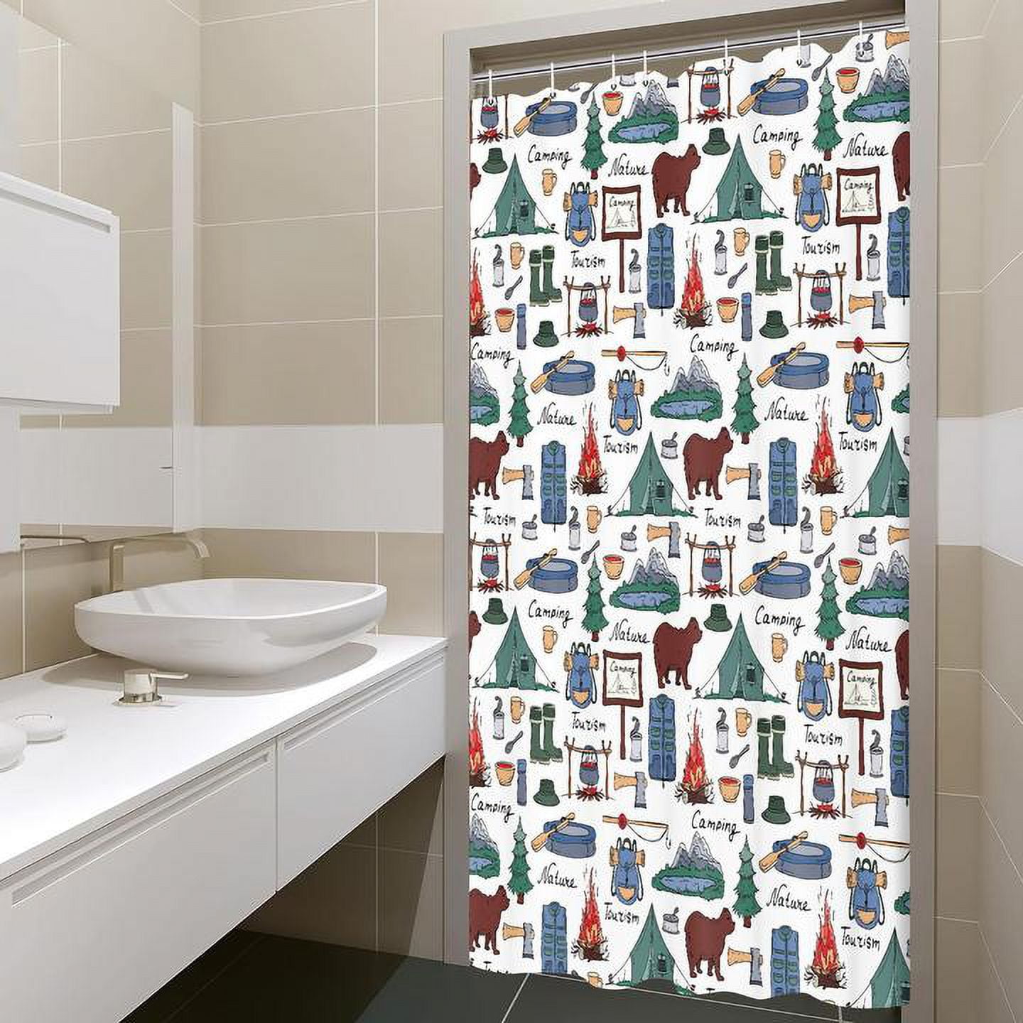 Travel Shower Curtain,Camper Shower Curtain,Farmhouse Camping Shorter and Narrow Stall Fabric Bathroom Decor Hooks Included 48X72in