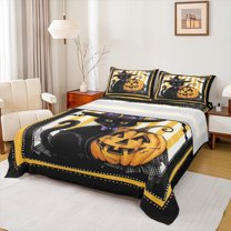 Manfei Lovely Car Kitten Bed Sheets,Funny Pumpkin Bats King Sheets,Kids Halloween Theme Sheet Set For Teens,Luxury Bedroom Decor,4-Piece