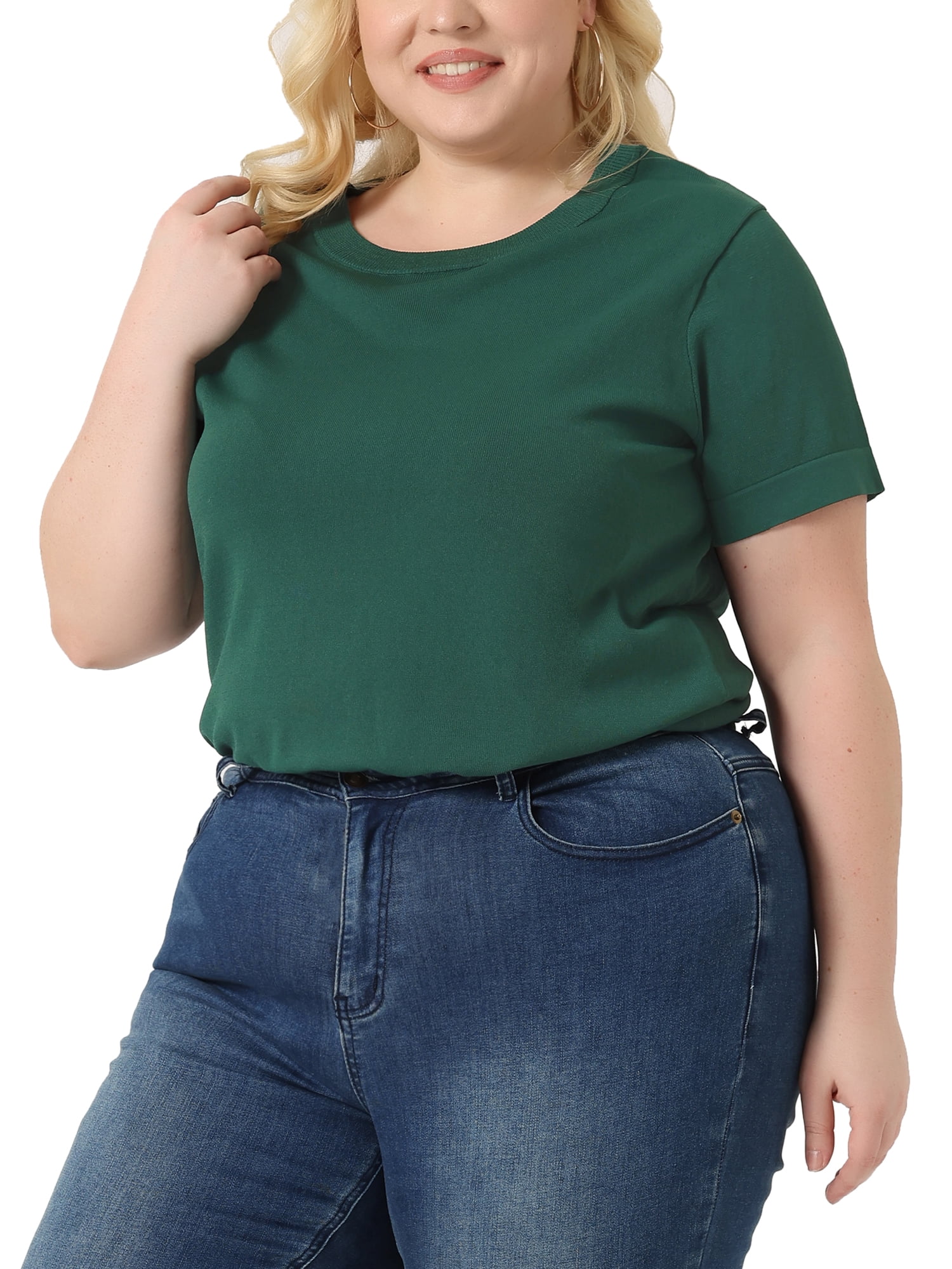 Unique Bargains Women Plus Size Tops Basic Round Neck Short Sleeve Knit Tee Blouses 1X Green