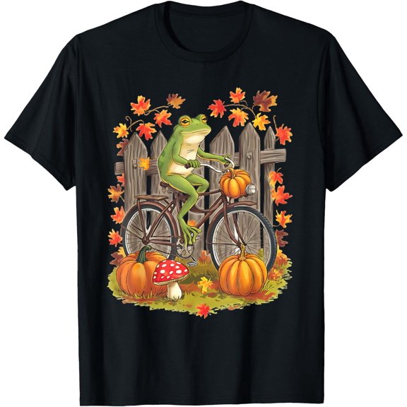 Frog Riding A Bicycle Fall Halloween Cottagecore T Shirt Size S-5XL