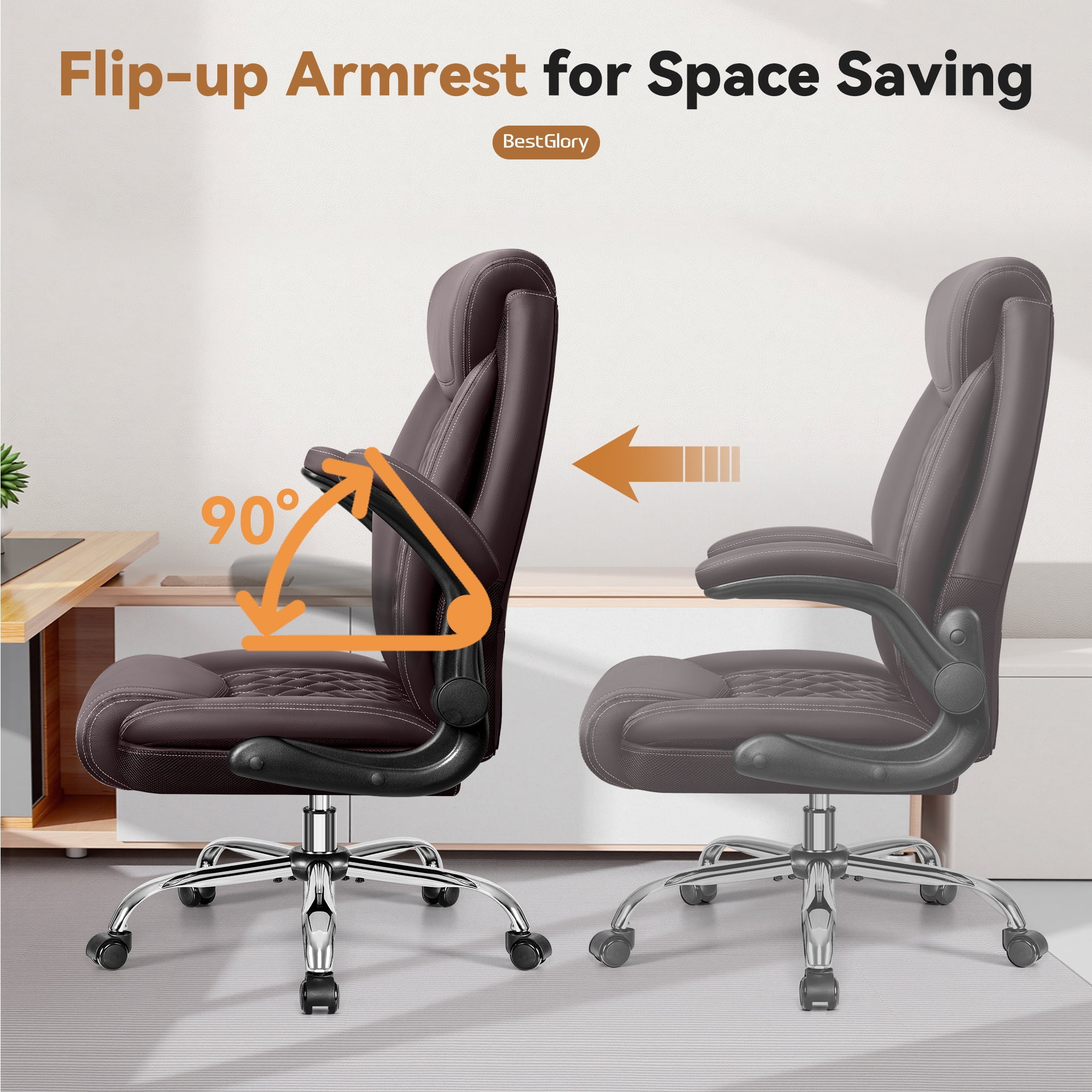 FASTES Ergonomic Office Chair, Desk Chair with High Back Flip-up Armrests Big and Tall Gaming Leather Chair with Rocking Function 2 Reclining Position,Coffee