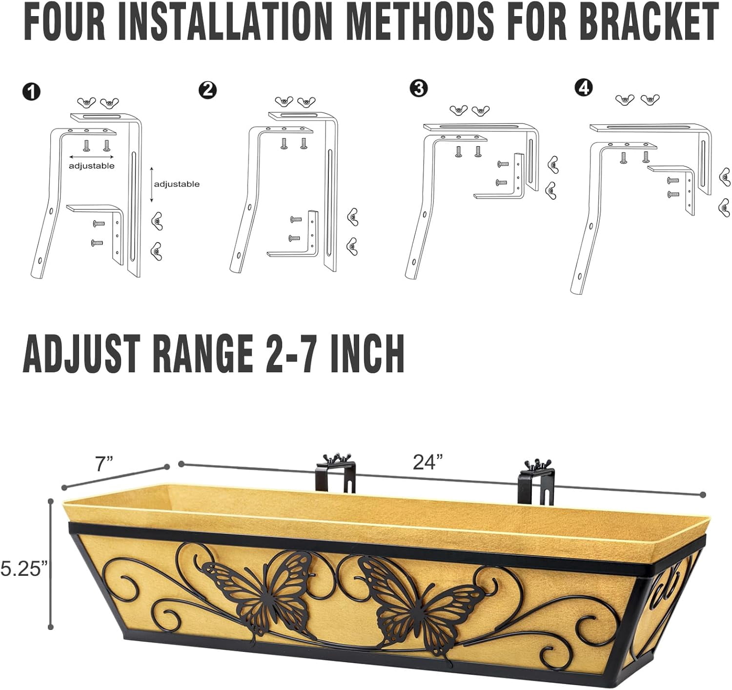 2 Pack 24 Inch Window Boxes Planter Railing Planters Box with Adjustable Brackets for Porch Deck Balcony Hanging Butterfly Decorative Flower Baskets & Non-Woven Fabric Liner for Outdoor Plants -Black
