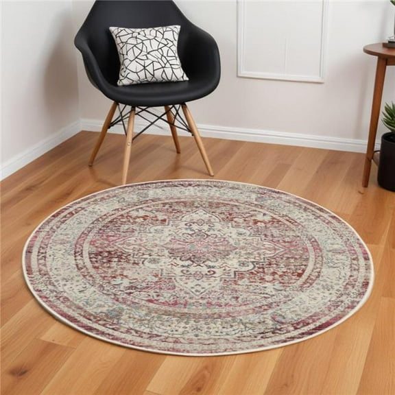 HomeRoots 552364 6 ft. Floral Distressed Round Rug, Ivory, Red & Brown