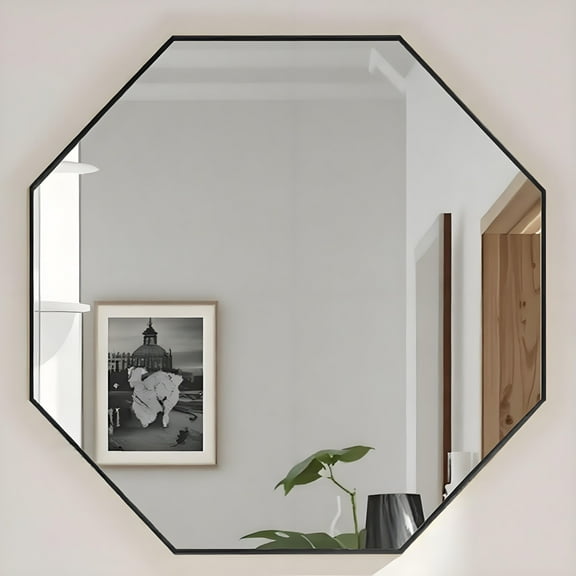 BRIVUE Octagon Wall Mirror 24“ x 24" , No Drill Glassless Mirror with Black Aluminum Frame, Ideal for Bathroom Over the Sink, Entryway, Dining Room