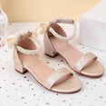 thumbnail image 2 of Krdevn Ankle Strap Open Toe Block Heel Dress Sandals, Pearl and Bow Detail Lightweight Party Shoes (Little Girls, Big Girls),9.5-10 Years, 2 of 6