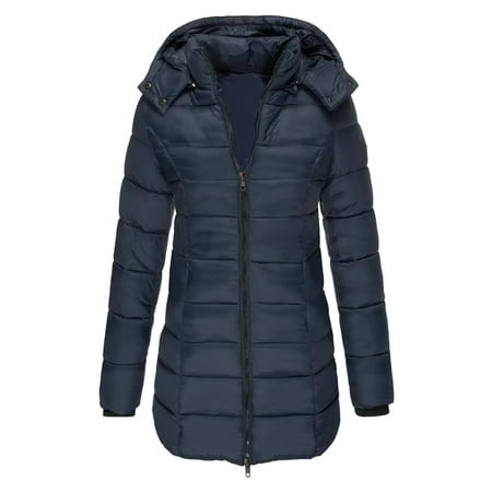 MIASHUI Women s Solid Color Casual Warm Parka Mid-Length Slim Fit Cotton Coat Hooded Comfortable Navy S