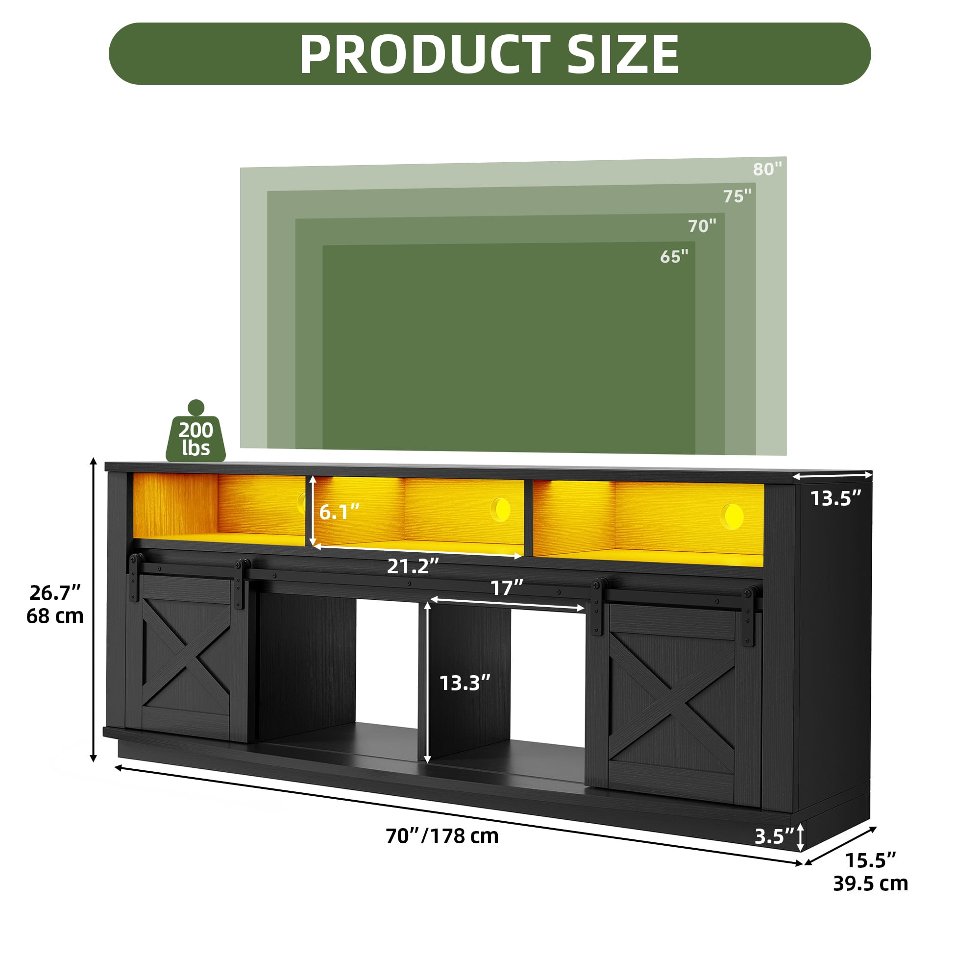Uforic 70" TV Stand with Power Outlet & LED Lights, Curved Desktop Entertainment Center for 80" TVs, Black