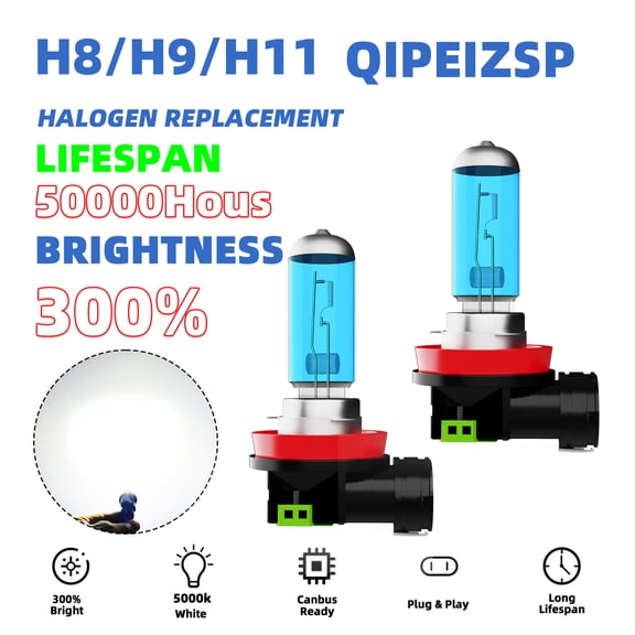 QIPEIZSP H8/H9/H11 Halogen Headlight Bulbs High/Low Beam Warm White 5000k,Plug And Play,Pack of 2