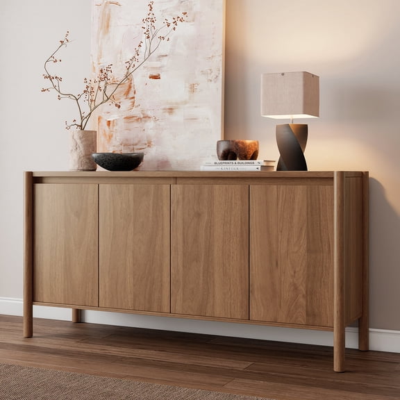 Sideboard Buffet Cabinet - 59" Mid Century Buffet Storage Cabinet with Adjustable Shelves and 4 Solid Wood Round Legs- Coffee Bar Table for Kitchen (Brown)