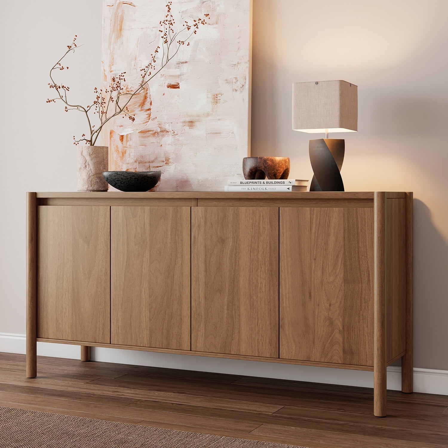 Sideboard Buffet Cabinet - 59" Mid Century Buffet Storage Cabinet with Adjustable Shelves and 4 Solid Wood Round Legs- Coffee Bar Table for Kitchen (Brown)