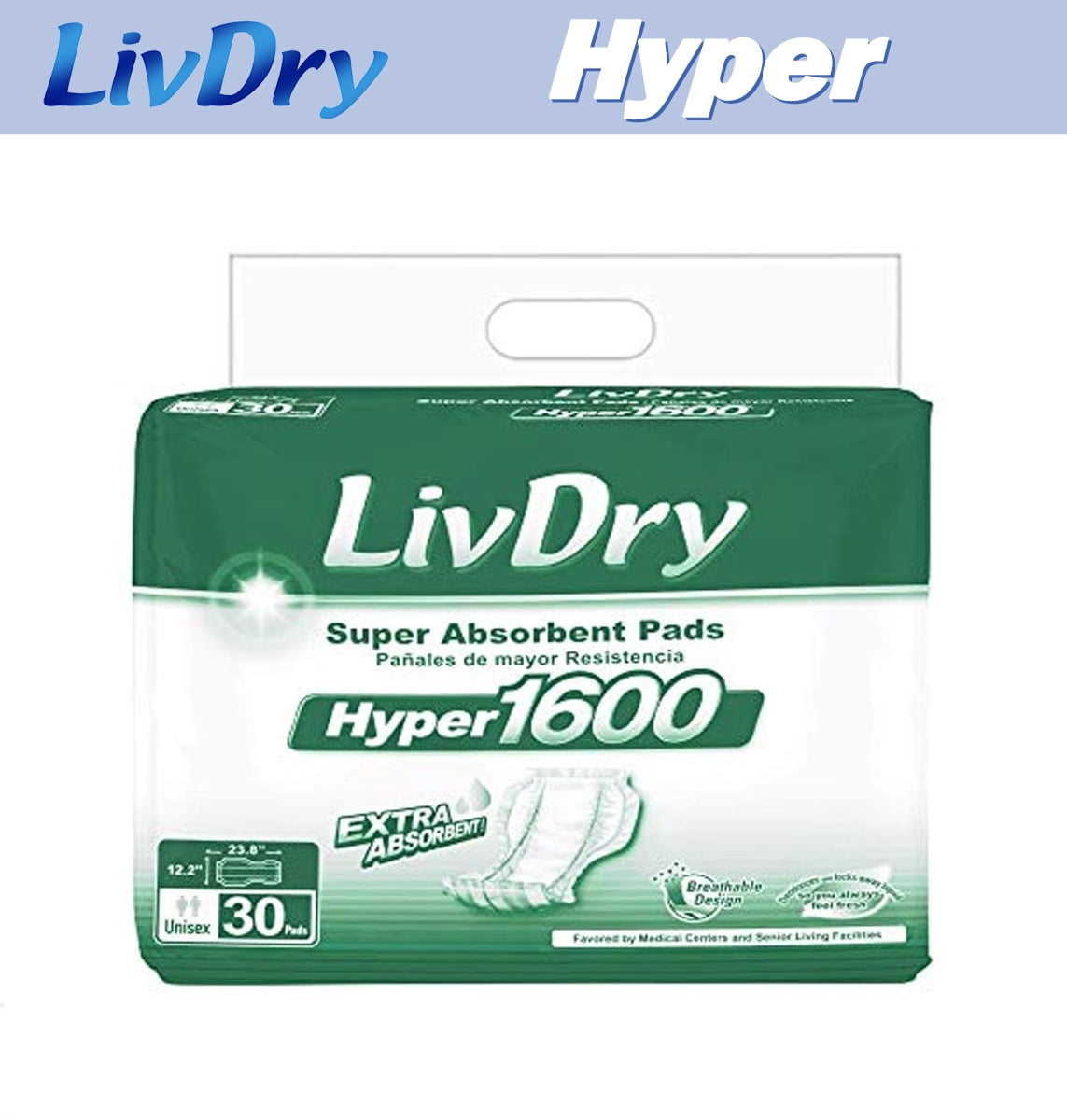 LivDry High Absorbency Pad Insert for Incontinence Briefs and Adult Diapers, Women and Men (Hyper 1600, 30-Pack)