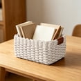 thumbnail image 5 of Aoznliie Storage Basket, Woven Plastic Rope Decorative Basket with Handle, White Wicker Organizer for Bathroom Kitchen, 9x7x5in, 5 of 6
