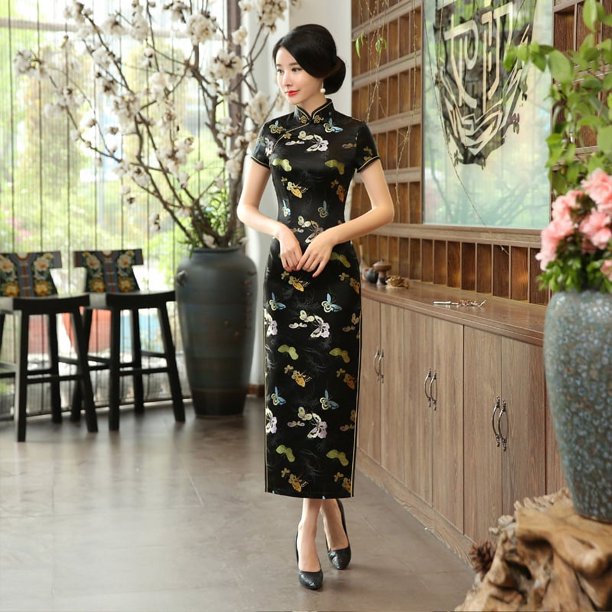 Traje largo estampado con elegantes mangas cortas, traje vintage estilo Tang para asistir a conferencias, bailes y moda.