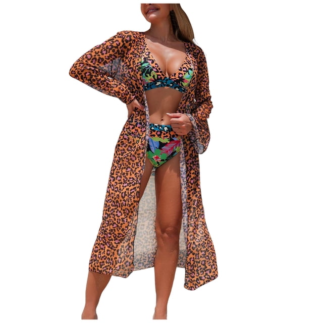 DAFEI Women's Plus Size 3 Piece Swimsuits Triangle Bikini Set with Drawstring Semi Sheer Cover Up Bathing Suit
