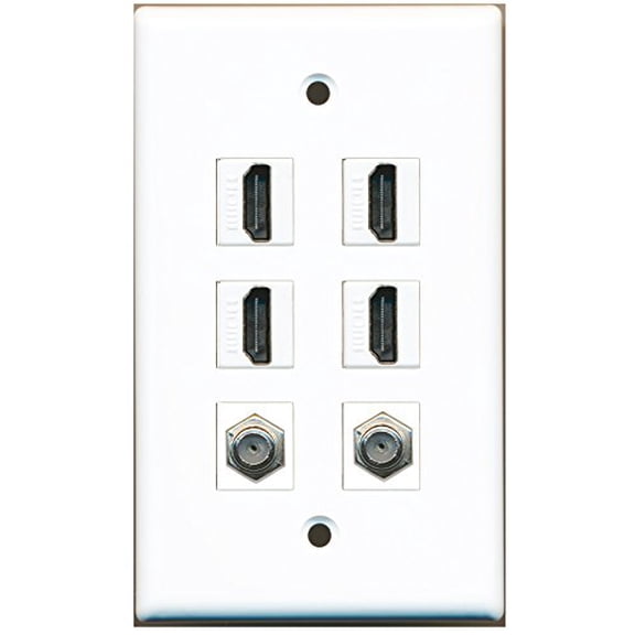 RiteAV - 4 Port HDMI 2 Port Coax Cable TV- F-Type Wall Plate - White