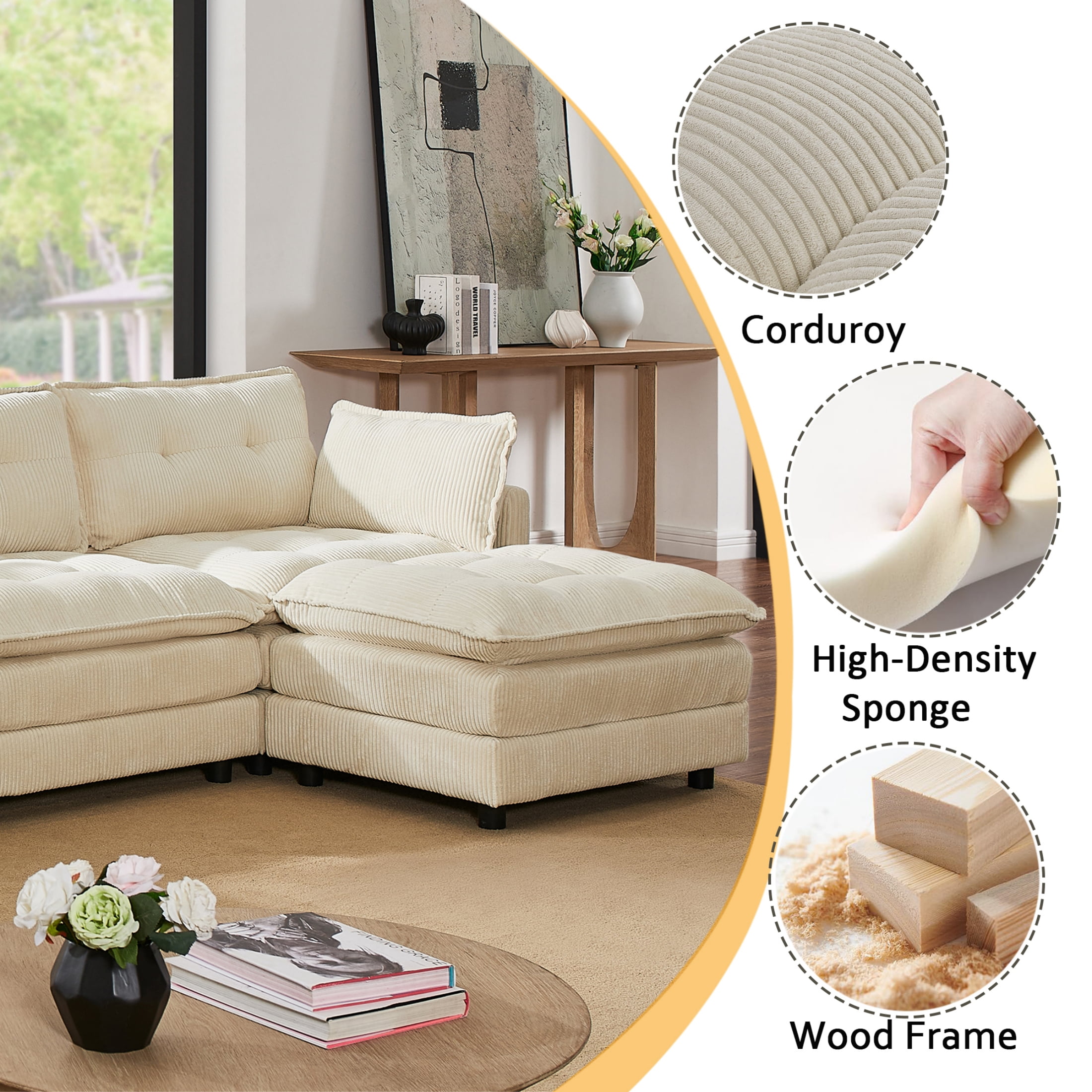 Anpport 119" L-Shaped Modular Sectional Sofa with Removable Ottoman for Living Room, Corduroy, Beige