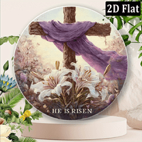 2D Flat, 1pc He Is Risen Easter Wreath Decoration - 8x8 Inch Aluminum Metal Sign with Cross Lilies Design, Autumnal Scene - Wall Hanging for Home, Office, or Church, Wreaths to Decorate