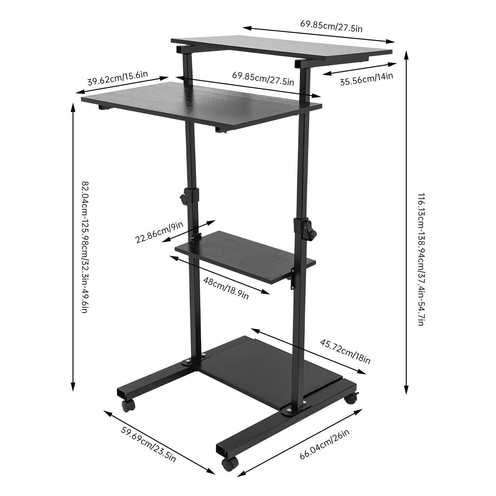 Mobile Standing Desk Rolling Stand Up Desk Cart for Home Office Black, 27 inch