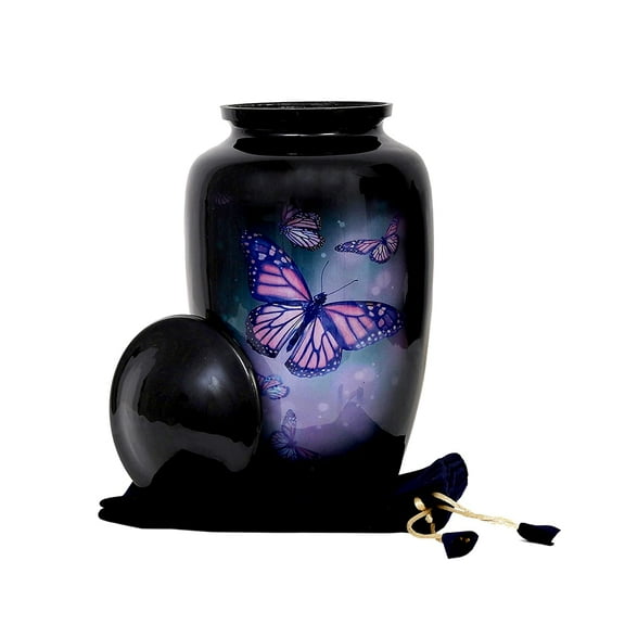 RUZIOON Lovely Butterfly Black Finish Cremation Urn for Human Ashes -Adult Funeral Urn Handcrafted -Affordable Urn for Ashes (Adult (200 lbs)  10.5 x 6, Lovely Butterfly Black Finish Cremation Urn)