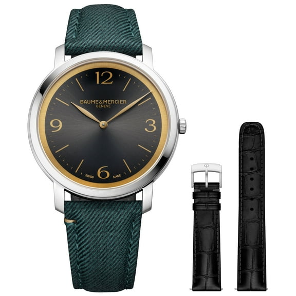 Baume & Mercier Classima Stainless Steel Gray Dial Green Fabric Interchangeable Black Leather Strap Quartz Mens Watch M0A10704