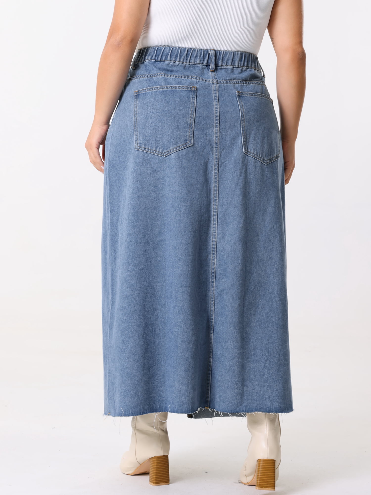 DARING DIVA Women's Plus Denim Maxi Skirt with Frayed Raw Hem 4X Blue