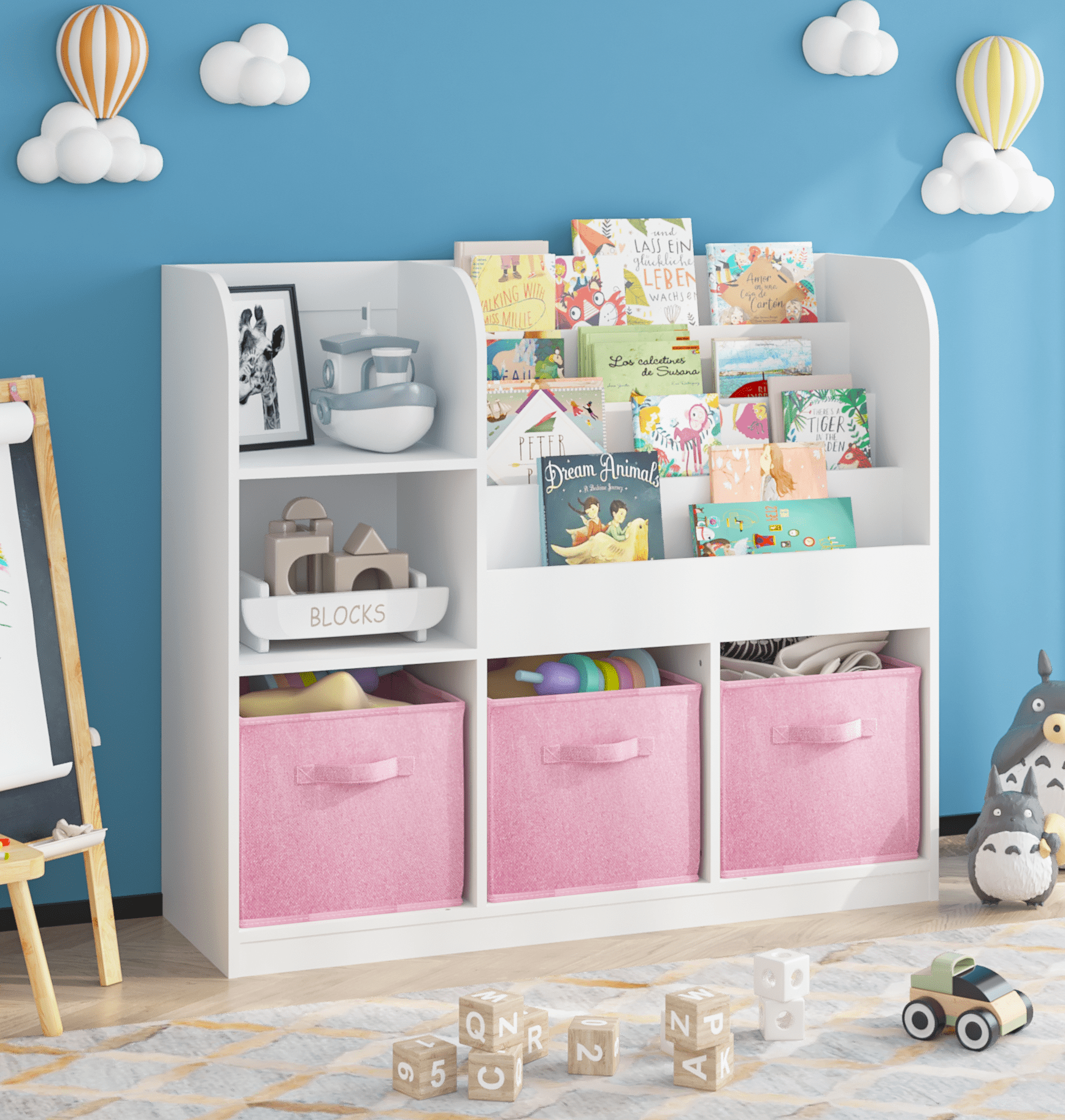 Aukfa Kids Bookcase with 3 Collapsible Drawers,Bookshelf Display Stand Toy Storage Organizer for Bedroom/Playroom,Pink
