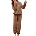 thumbnail image 2 of PNTUTB Winter Fleece Pajamas for Women Solid Color Crew Neck Letter Embroidery Pullover Loose Warm Sleepwear Sets, 2 of 6