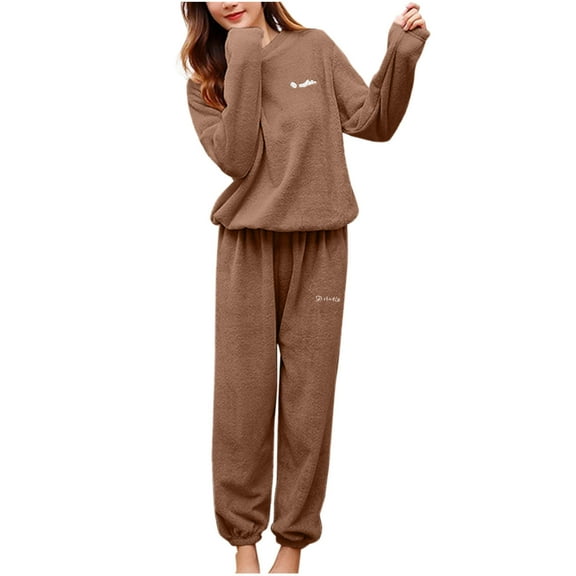 Women's Round Neck Sleepwear Letter Embroidery Elastic Waist Solid Color Pants Pajama Set