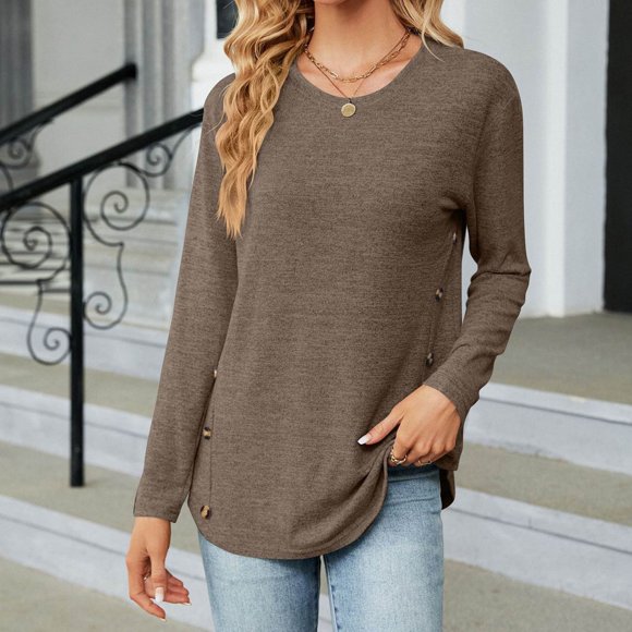 Black_Friday Deals 50% off Clear! Cyber and Monday Deals Hot6sl Women's Round Neck Button Loose Long Sleeve T-shirt