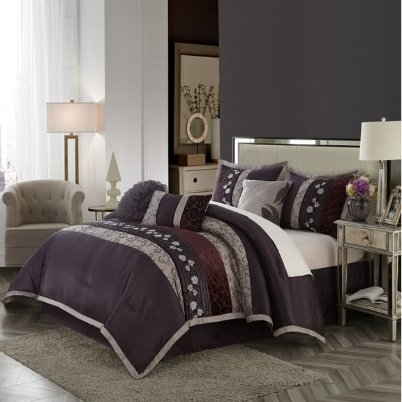 Nanshing Riley 7 Piece Glam Floral Comforter Set, Purple, King
