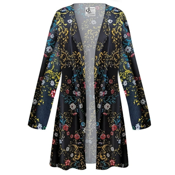 Women's Medium Tall Maxi Cardigan Straight Golden Leaf Designer Print Slinky Casual Long Flowy Drape Mid-Weight Duster Sweater Made in USA