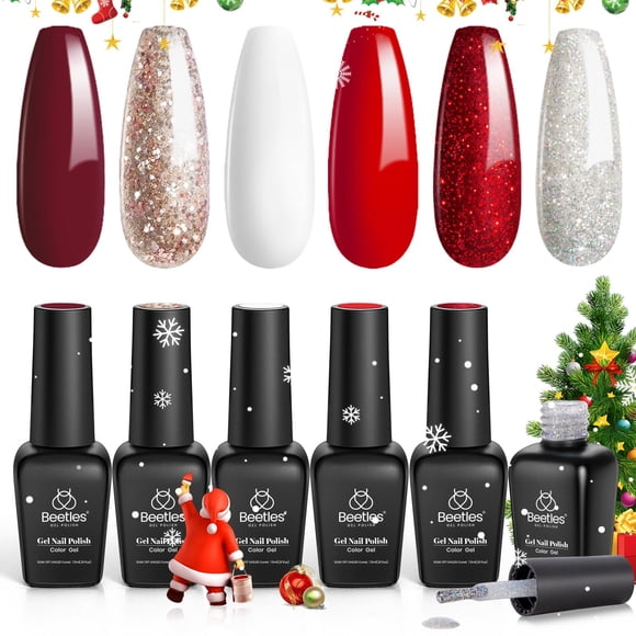 Esmalte de uñas de gel rojo Beetles, 6 piezas, bastón de caramelo, Navidad, esmalte de gel con purpurina, rojo burdeos, kit de uñas de gel brillante, invierno, blanco nieve, plata, vacaciones, gel de