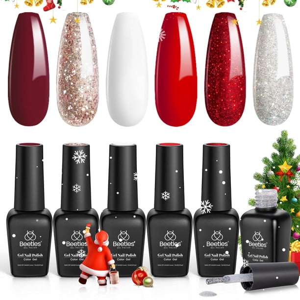 Esmalte de uñas de gel rojo Beetles, 6 piezas, bastón de caramelo, Navidad, esmalte de gel con purpurina, rojo burdeos, kit de uñas de gel brillante, invierno, blanco nieve, plata, vacaciones, gel de