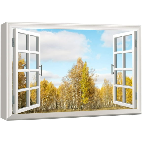 wall26 Canvas Print Wall Art Window View of Yellow Autumn Tree Field Nature Wilderness Photography Realism Rustic Scenic Colorful Relax/Calm Ultra for Living Room, Bedroom, Office - 24"x36"