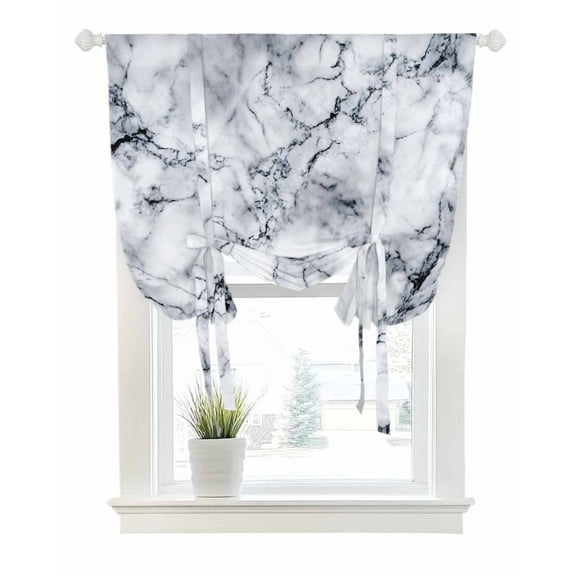 Marble Tie Up Curtains for Window, Thermal Insulated Balloon Shade Adjustable Rod Pocket Curtains Valance Panels for Kitchen Bathroom Cafe 52 x 63 Grey Blue Modern Scenery Rock Cave Crack