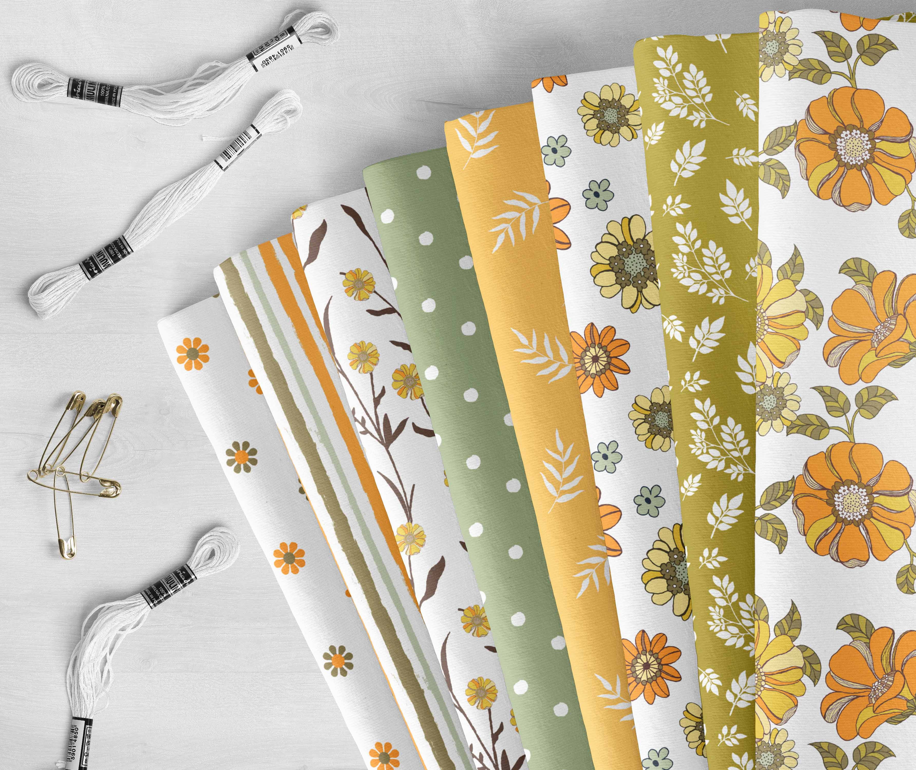 Soimoi 8 Pc Fat Quarter Bundle,Summer Floral CollectionPrint 18"x 22"DIY Patchwork-100% CottonPre-Cut Quilting Fabric Orange, Olive Green