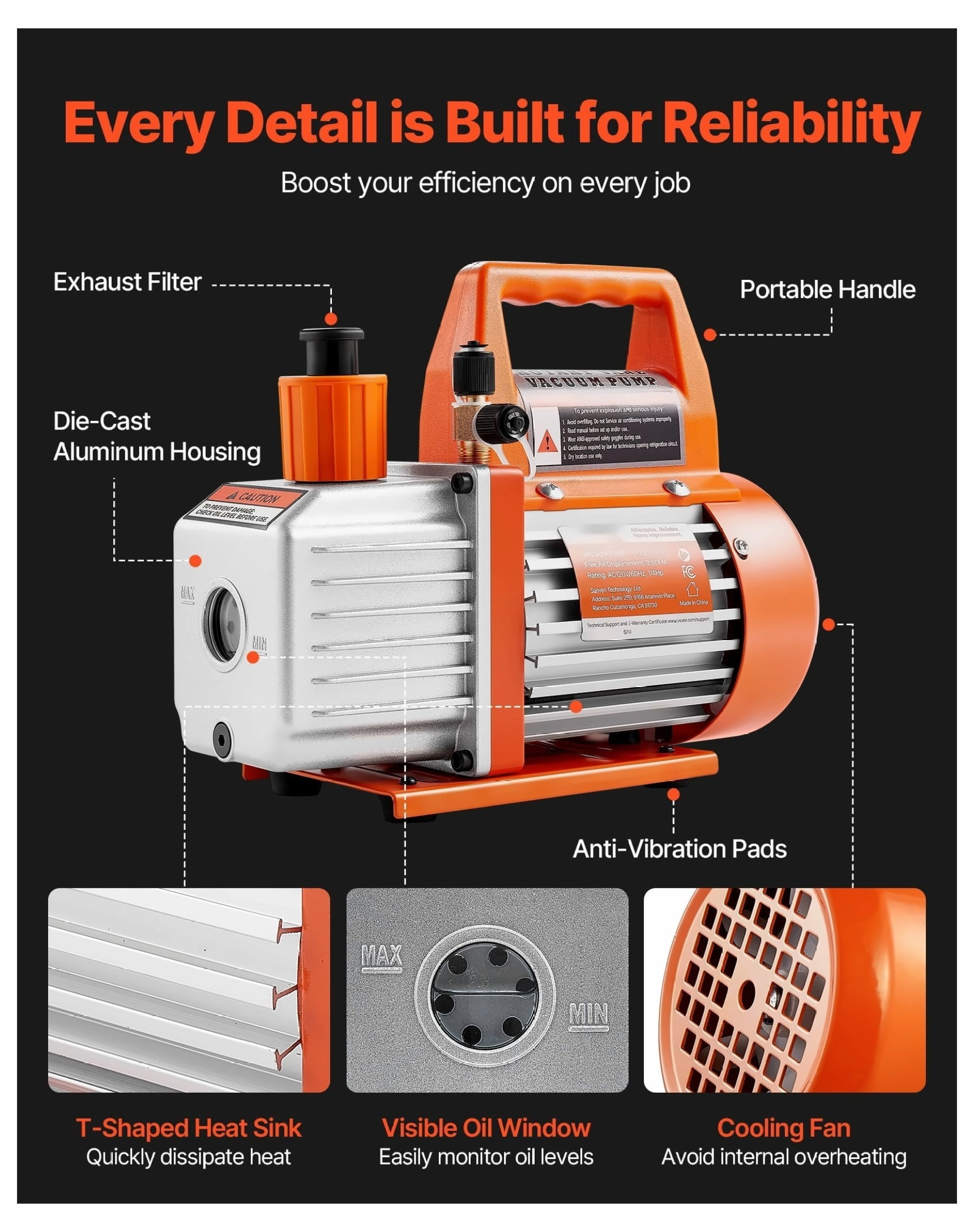 AC Vacuum Pump 3.5 CFM HVAC Single Stage Rotary Vane Pump with Oil