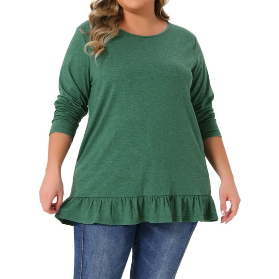 Agnes Orinda Plus Size Casual Tunic Tops for Women Crew Neck Long Sleeve Ruffled Hem Flowy Blouses with Pockets Green 1X