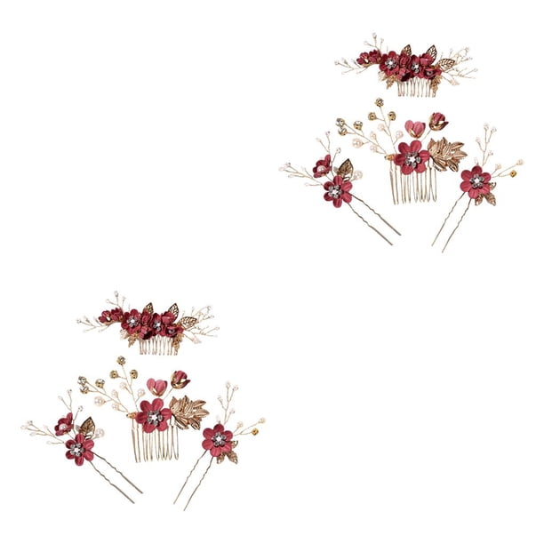 Qarigey 4 Uds. De peinetas de flores para boda, tocados elegantes para novia, tocado, adorno, accesorio de joyería de moda Rojo oscuro 2piezas