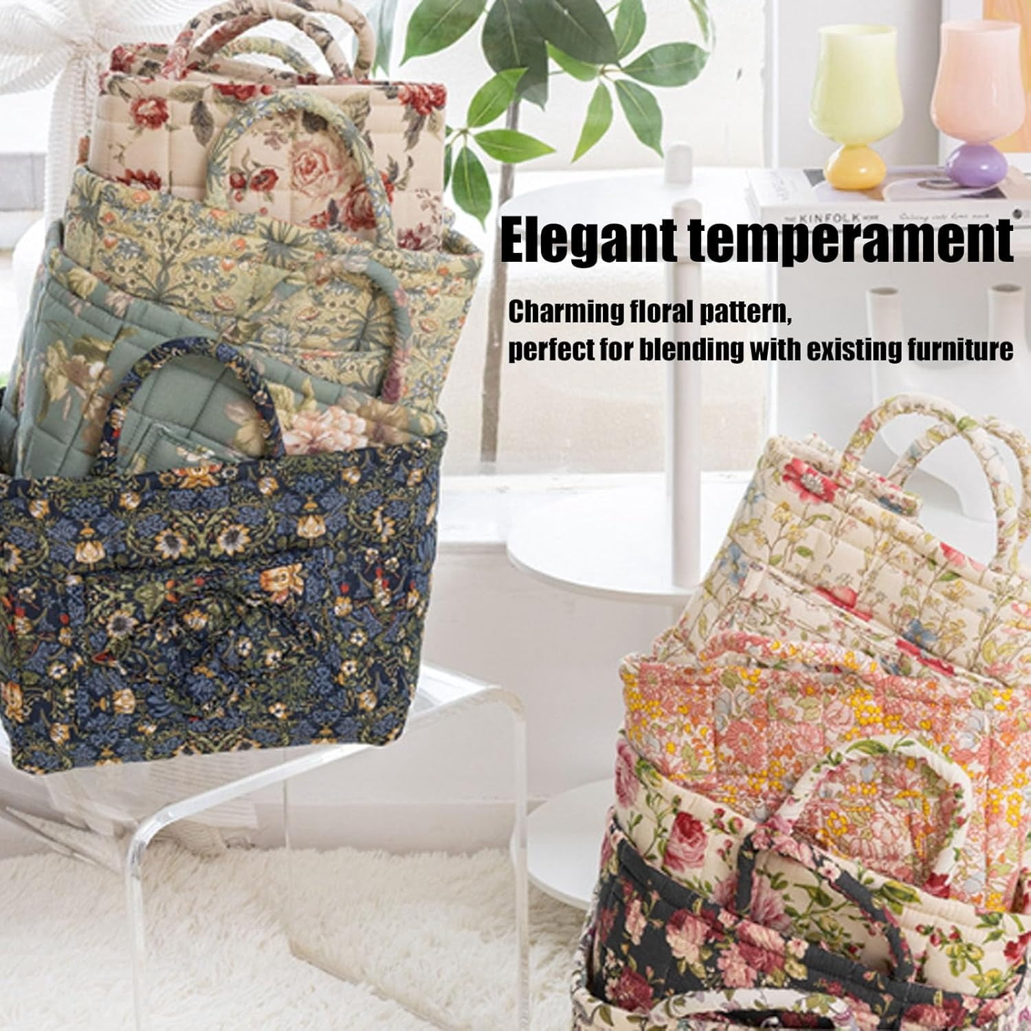 Boho Fabric Storage Basket, Large Capacity Fabric Storage Basket, Boho Floral Laundry Baskets for Storage, Collapsible Laundry Hamper with Easy Carry Handles for Clothes Sundries Toys (D)