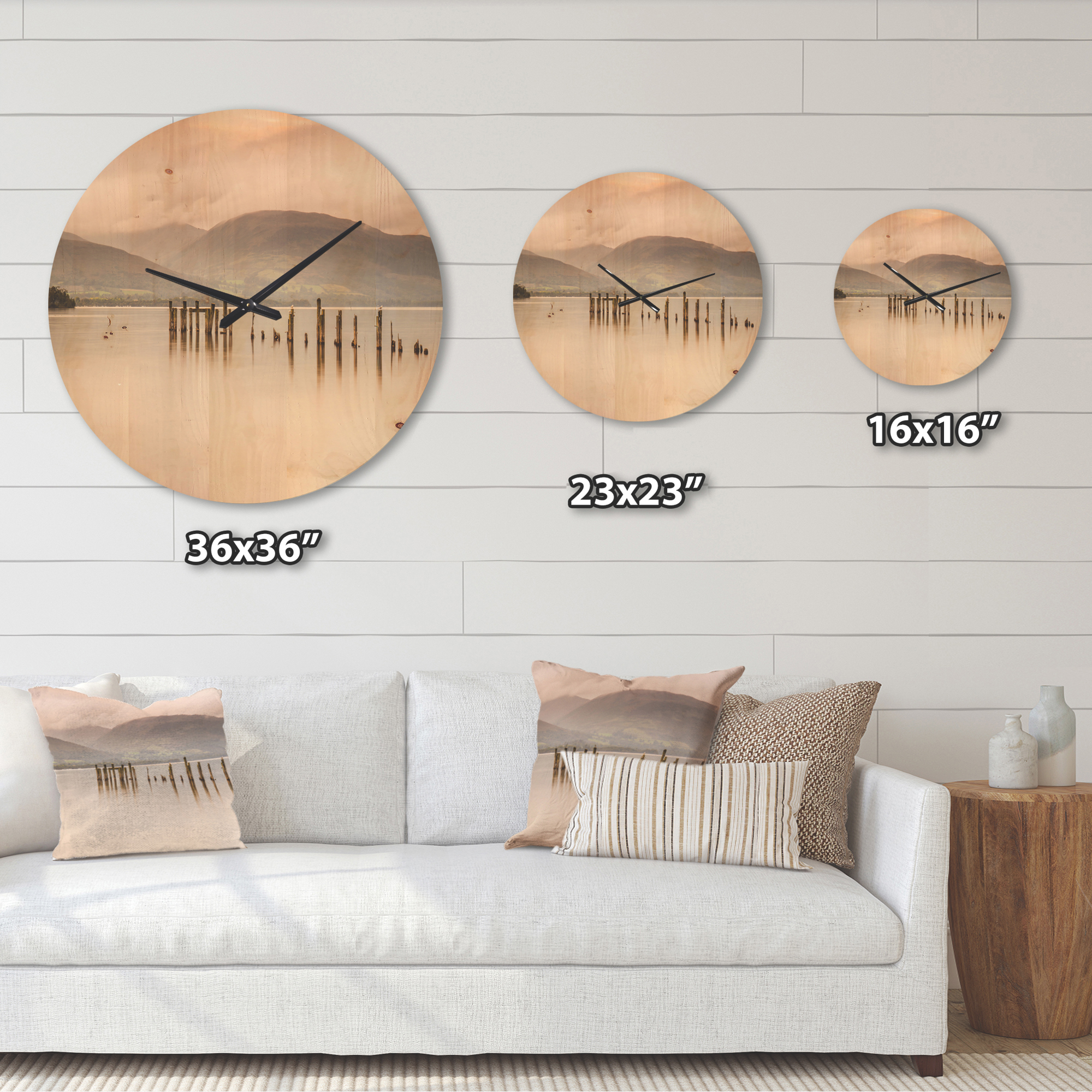 Designart 'Loch Lomond Jetty and Mountains Landscape' Modern Wood Wall Clock
