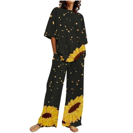 

Wenini Summer Savings Clearance Sets Women s Tie Dye Printed Pajama Sets Sleepwear Round-Neck Short Sleeve Top with Capris Pants Lounge Sets with Pocket # Official Site Black M