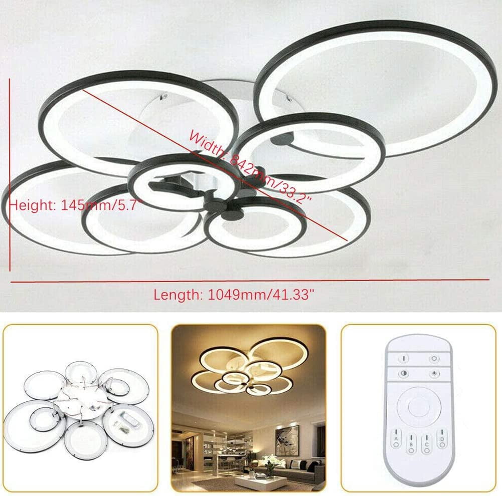 Fichiouy Modern LED Ceiling Lights Acrylic 8 Circle Ring Chandelier Lamp Fixture Dimming 3 Colors with Remote Control Black 150W