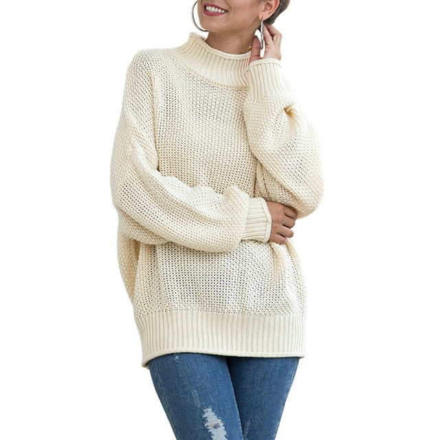 Kmbangi Pull pour Femmes, Col Roulé Uni Manches Ballon Tricot