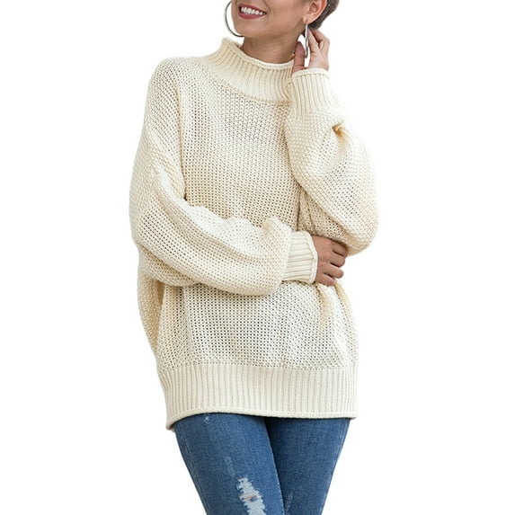 Seyurigaoka Women Sweater Solid Color Turtleneck Balloon Sleeves Knitwear