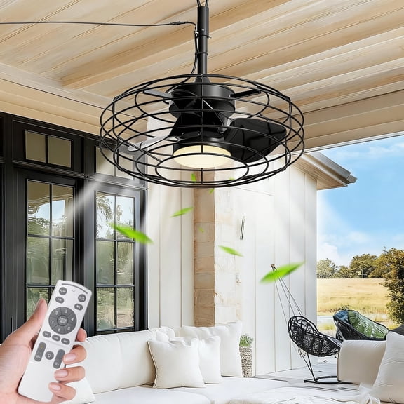 Ohniyou 20'' Outdoor Ceiling Fans with Light and Remote for Patios Wet Rated Waterproof Caged Ceiling Fan with Plug in Cord for Pergola Gazebo, Black