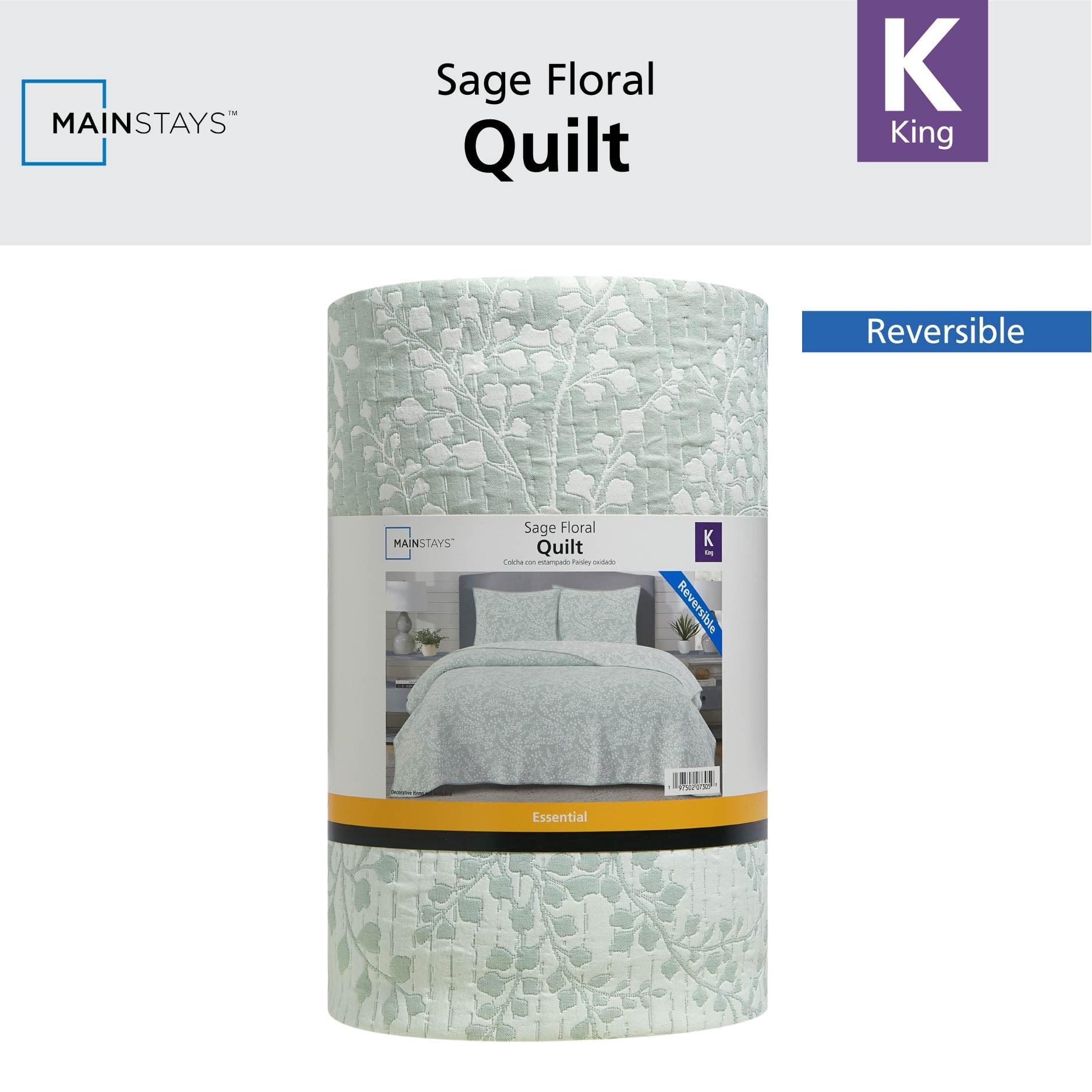 Mainstays Botanical Floral Stitched Quilt, King, Light Green, Reversible Lightweight Bedding