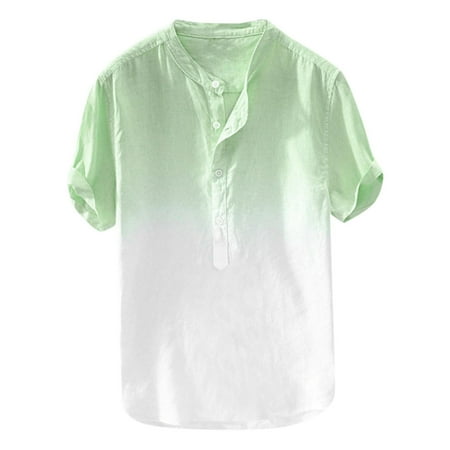 Summer Savings Clearance 2022! PIMOXV Adult Fashion Men Button Gradient Printing Short Sleeve Tops T-Shirt Loose Men's Cotton Linen Gradient Print Top Short Sleeve T-Shirt Shirt